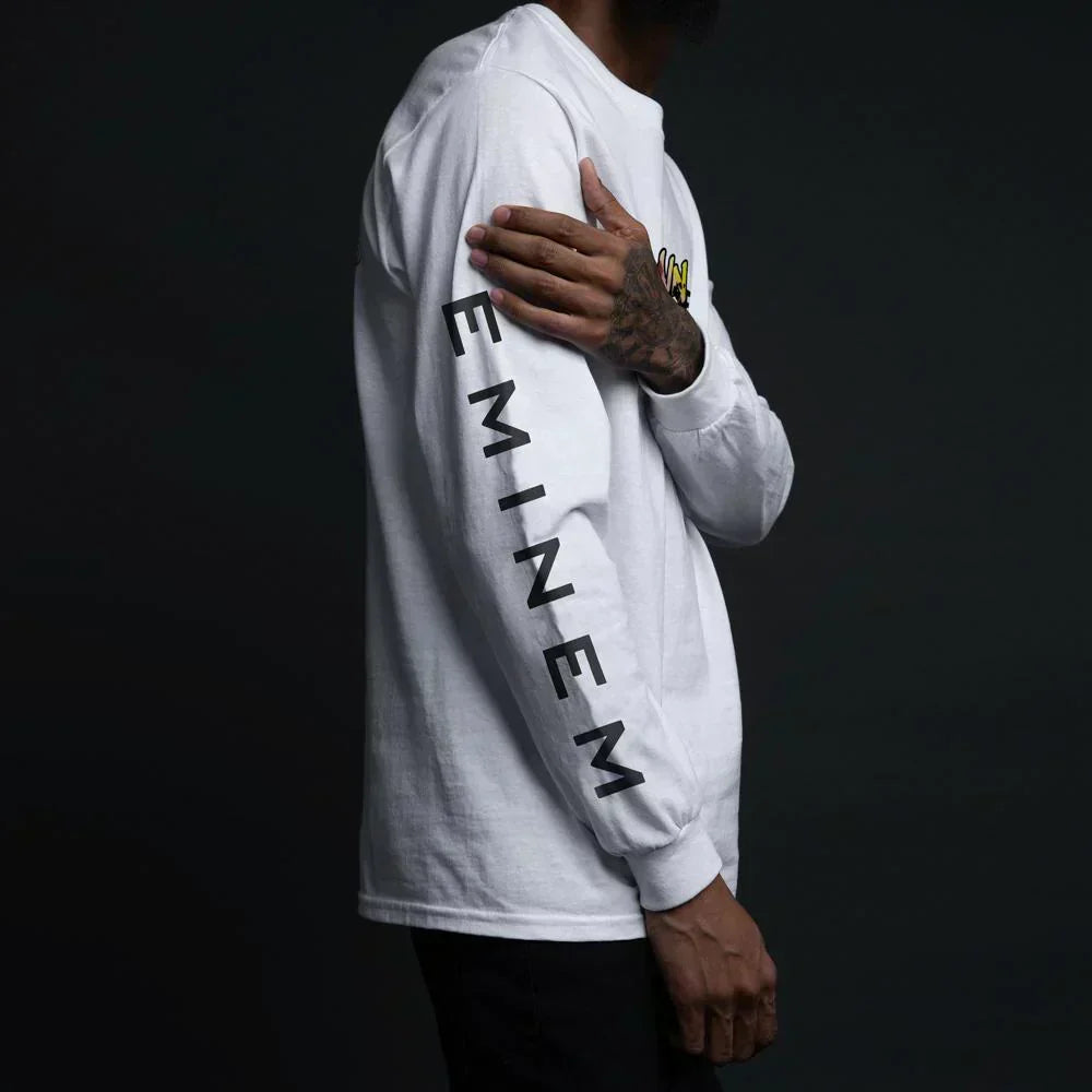 Sleeve detail of the white Eminem Brain Damage long sleeve shirt with vertical EMINEM lettering