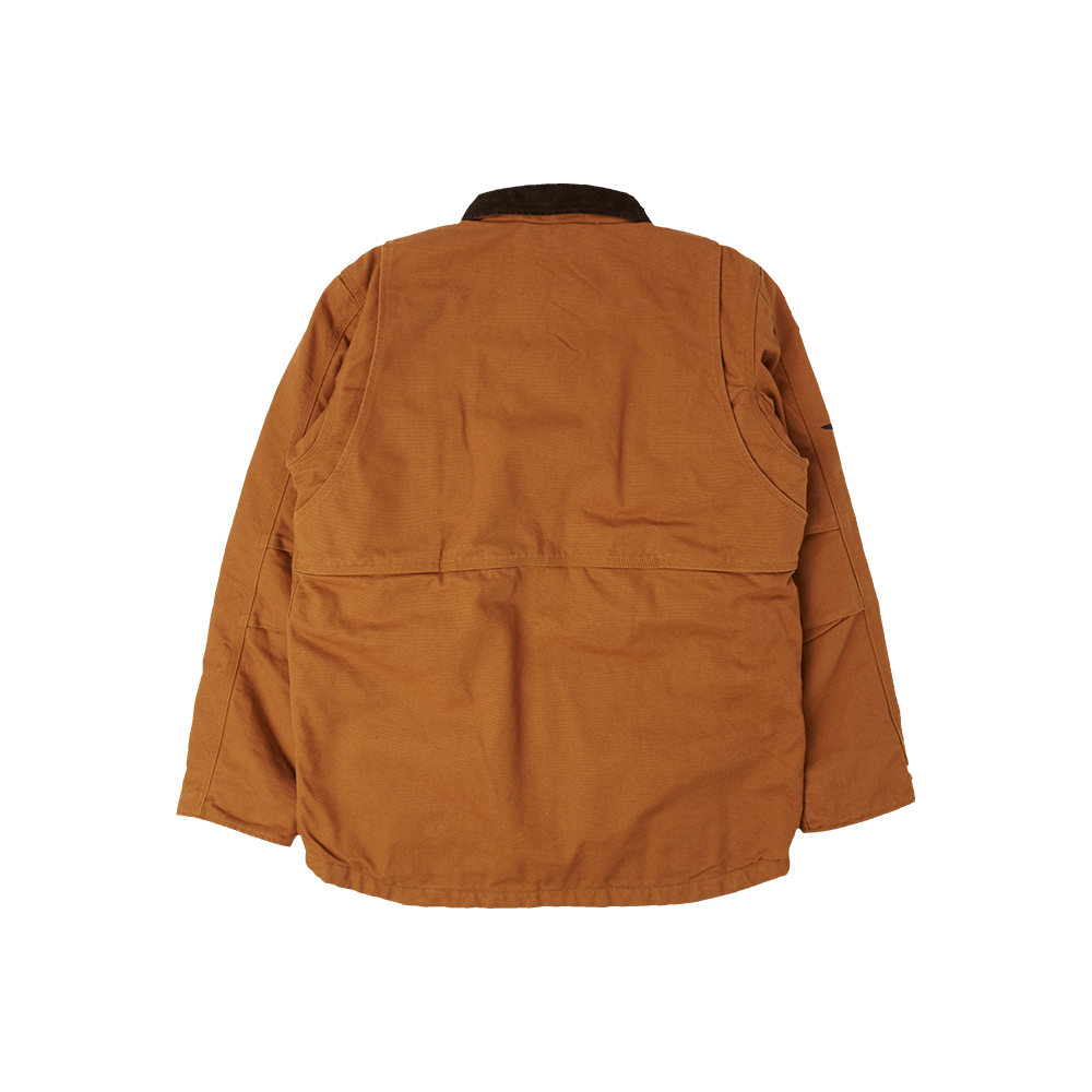 Back view of brown Eminem 8 Mile Carhartt duck canvas jacket with black corduroy collar
