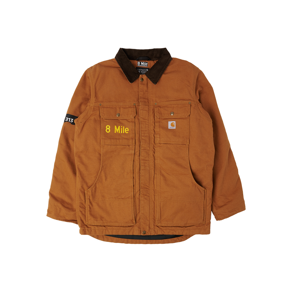 Brown Eminem 8 Mile Carhartt duck jacket front view with black corduroy collar and yellow 8 Mile logo