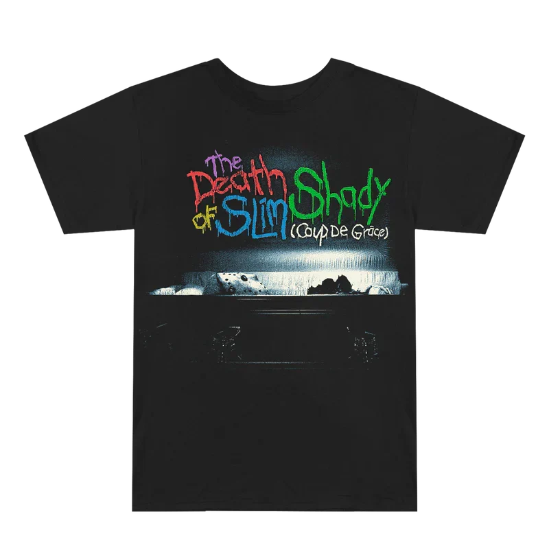 Black Eminem TDOSS Chainsaw T-shirt flat lay with The Death of Slim Shady graffiti logo