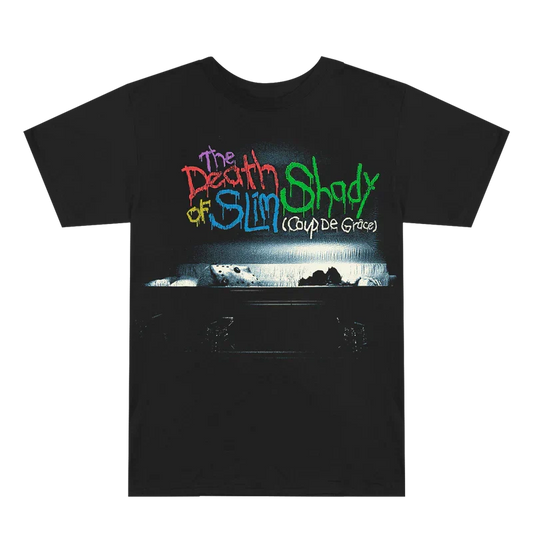 Black Eminem TDOSS Chainsaw T-shirt flat lay with The Death of Slim Shady graffiti logo