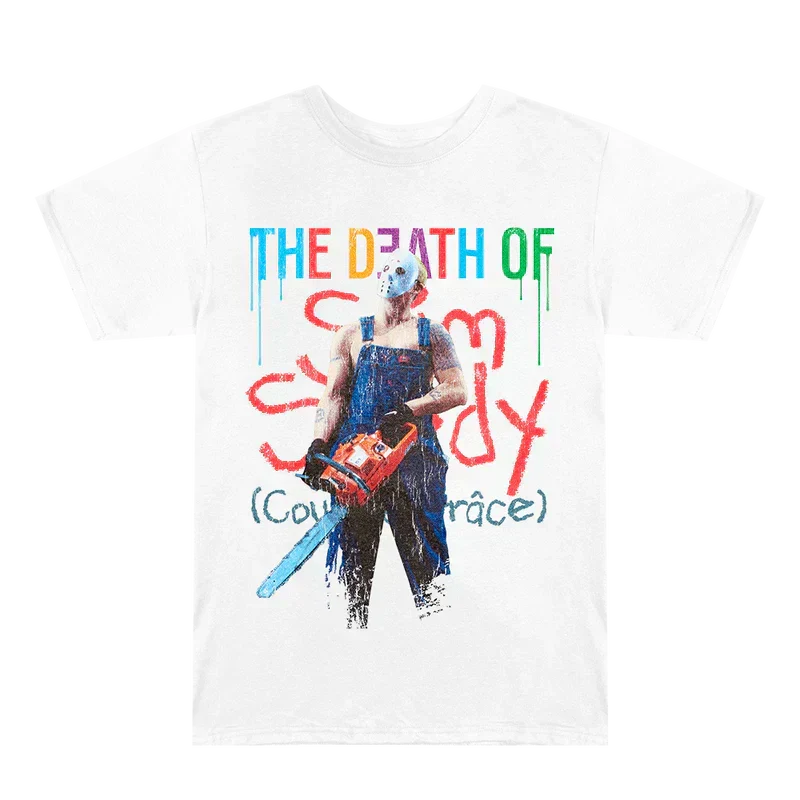 White Eminem TDOSS Chainsaw T-shirt flat lay with The Death of Slim Shady artwork
