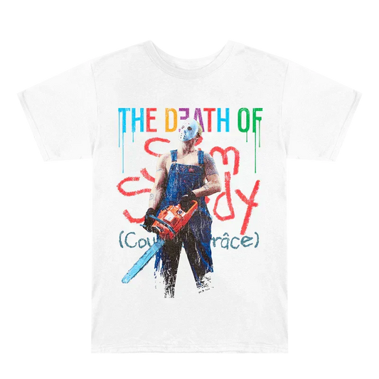 White Eminem TDOSS Chainsaw T-shirt flat lay with The Death of Slim Shady artwork