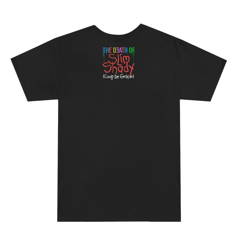 Back of the black Eminem TDOSS Middle Finger Roses T-shirt with drip logo print