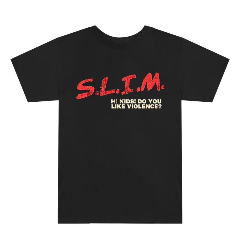 Front of the black Eminem S.L.I.M T-shirt with red S.L.I.M and Hi Kids lyric line