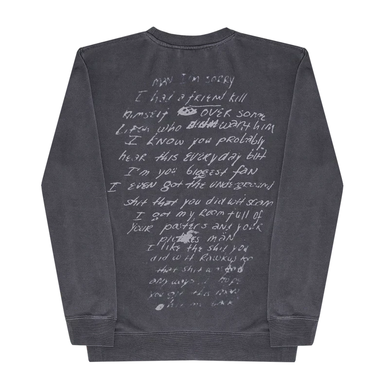 Washed grey Eminem Dear Slim crewneck sweatshirt back flat lay with handwritten Stan lyrics
