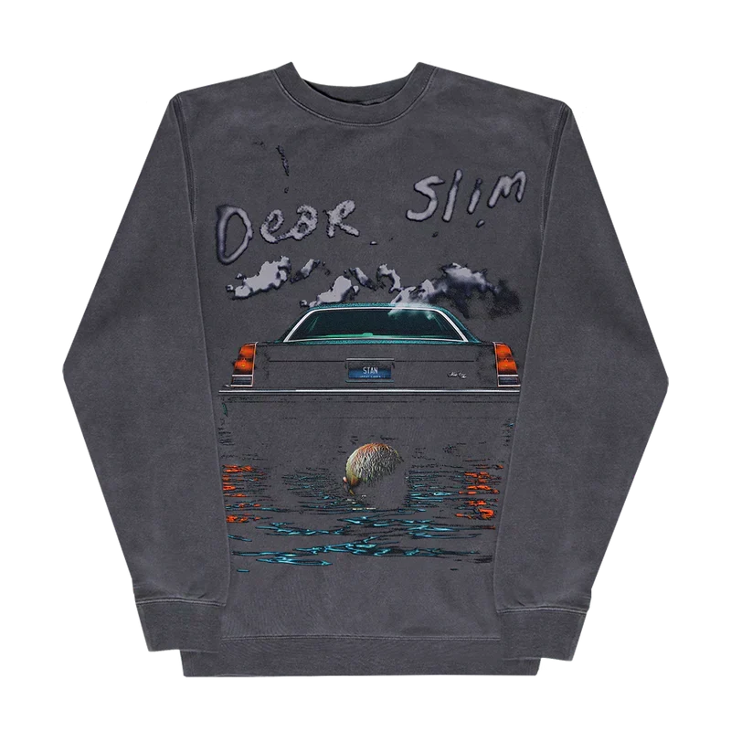 Washed grey Eminem Dear Slim crewneck sweatshirt front flat lay with sinking car graphic
