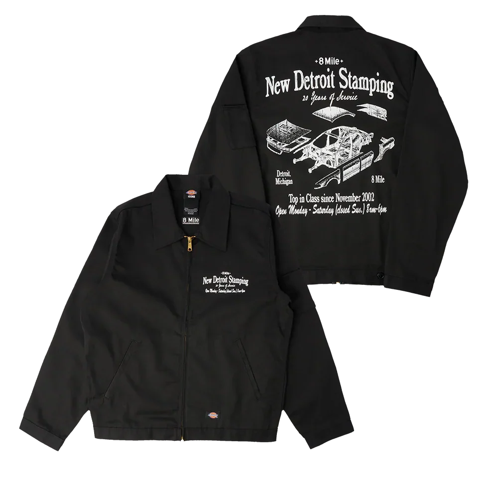 Eminem 8 Mile New Detroit Stamping Dickies jacket front and back flat lay in black twill