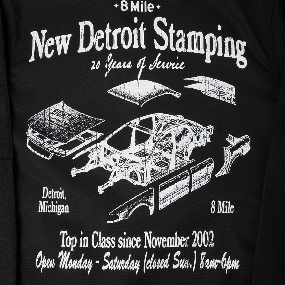 Back print detail: New Detroit Stamping, 25 Years of Service, Detroit Michigan, on Eminem 8 Mile merch