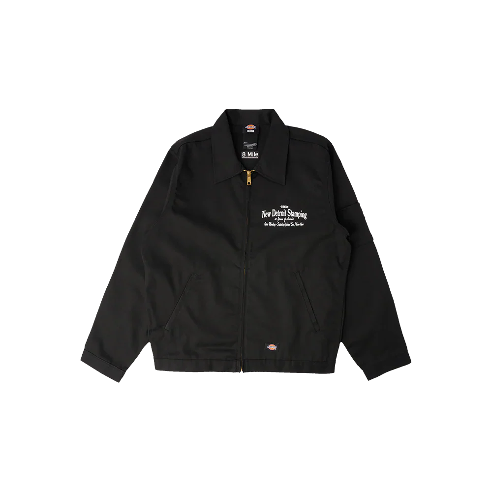 Front view of the black Eminem 8 Mile New Detroit Stamping Dickies jacket laid flat