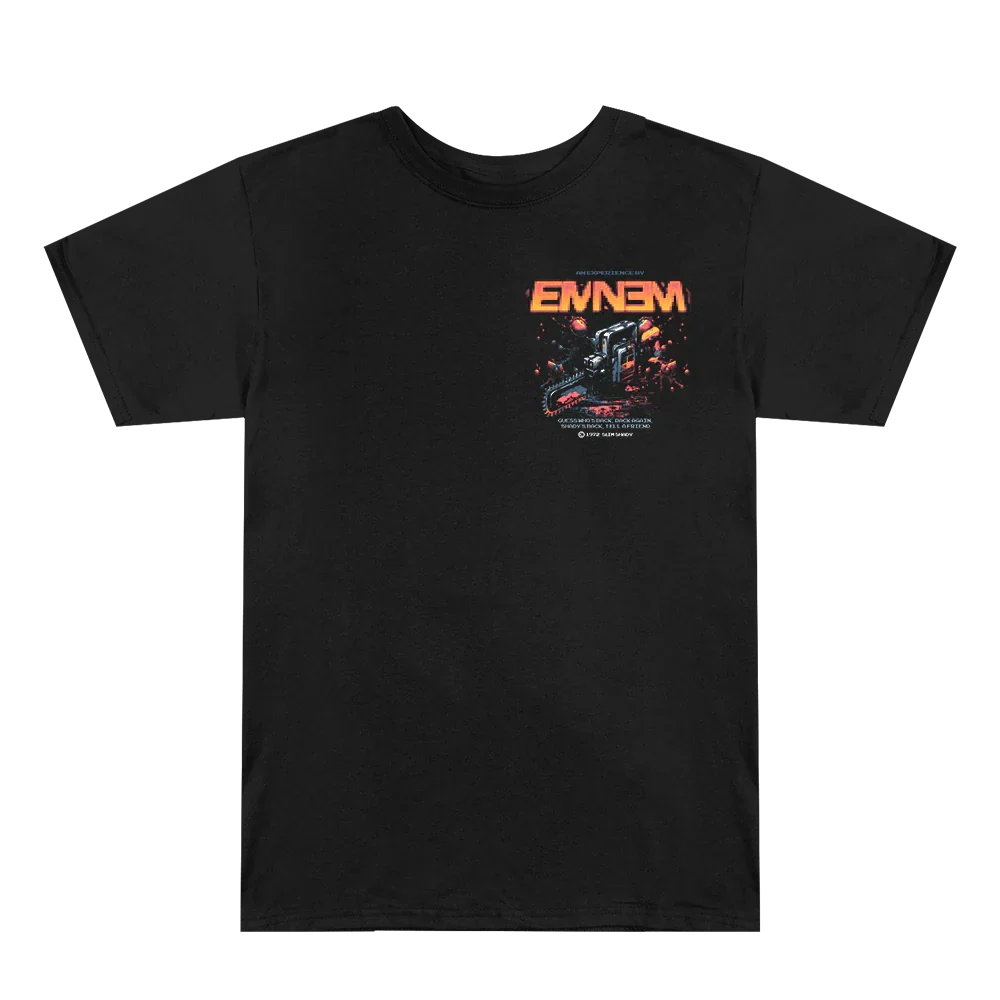 Front of the black Eminem Shady Gaming Chainsaw T-shirt with small orange chest logo