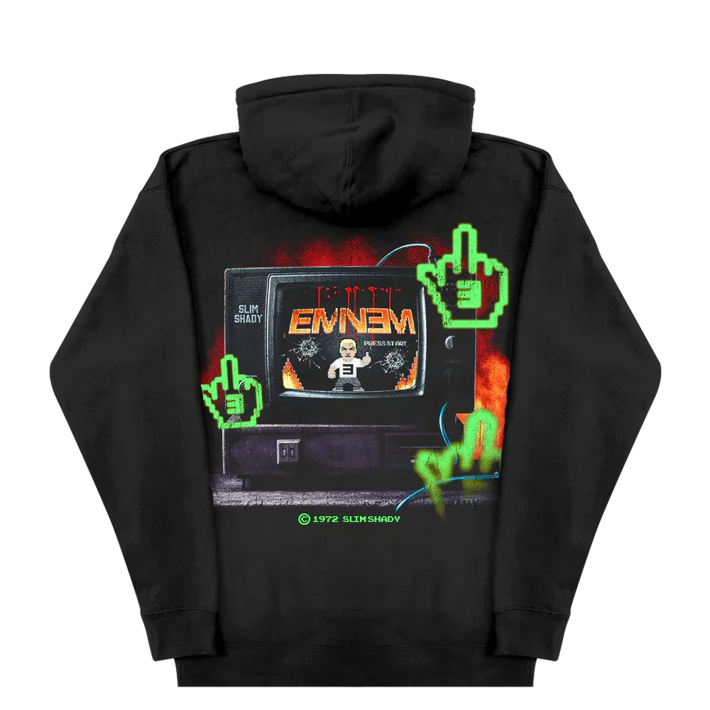 Back of the black Eminem Shady Gaming TV hoodie with glitch TV screen graphic