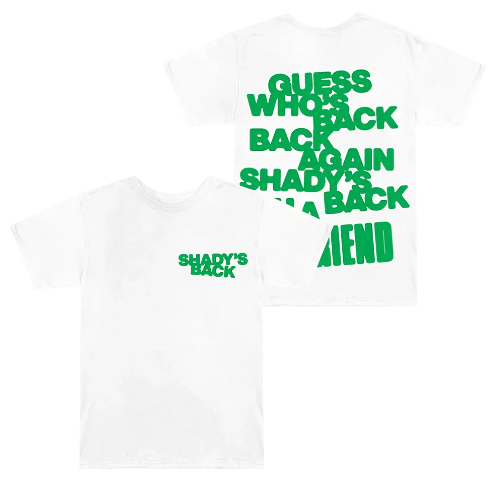 White Eminem Show 20th Anniversary T-shirt back print, Guess Who's Back Shady's Back in green