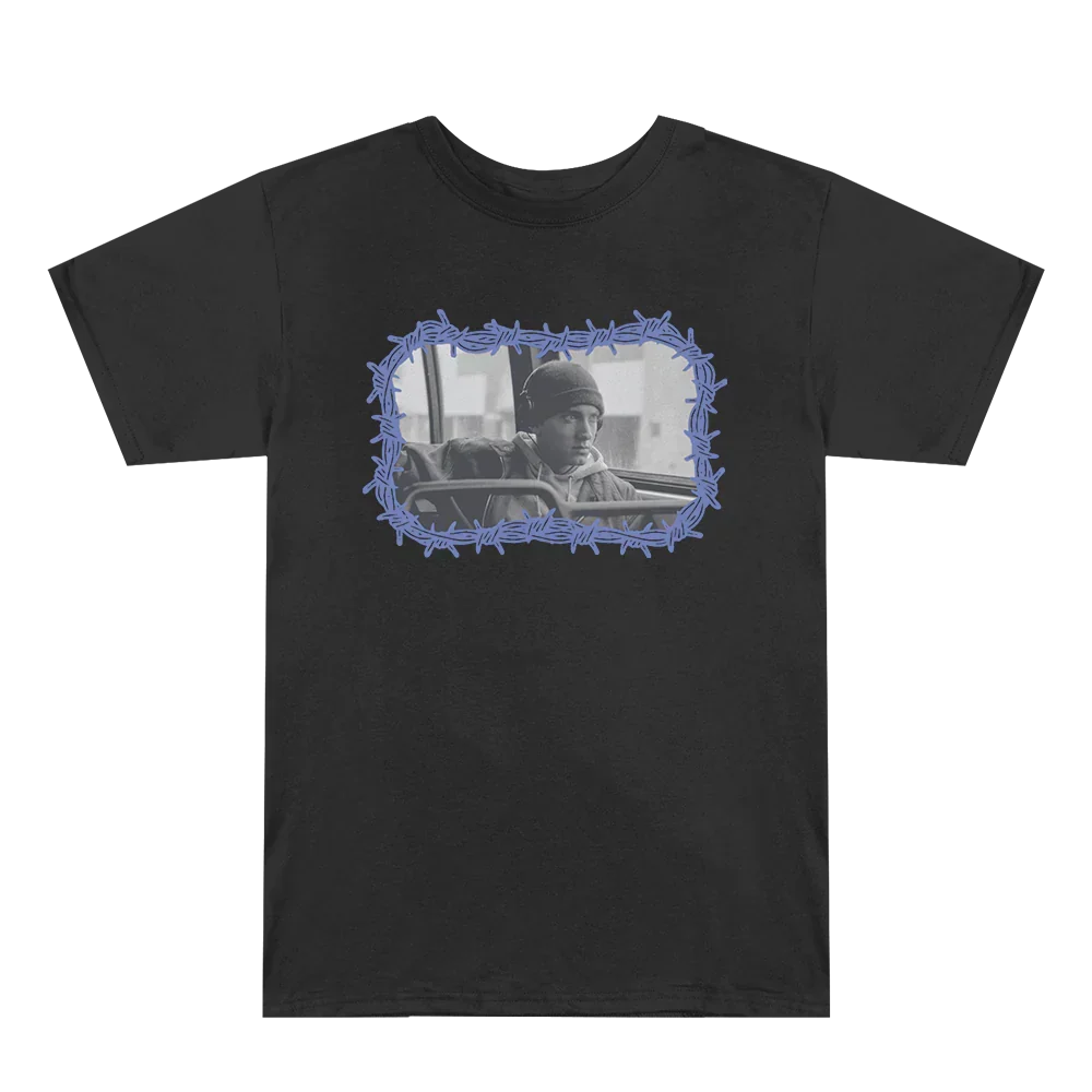 Front of black Eminem 8 Mile Barbed Wire T-shirt with blue-framed Detroit trailer photo print