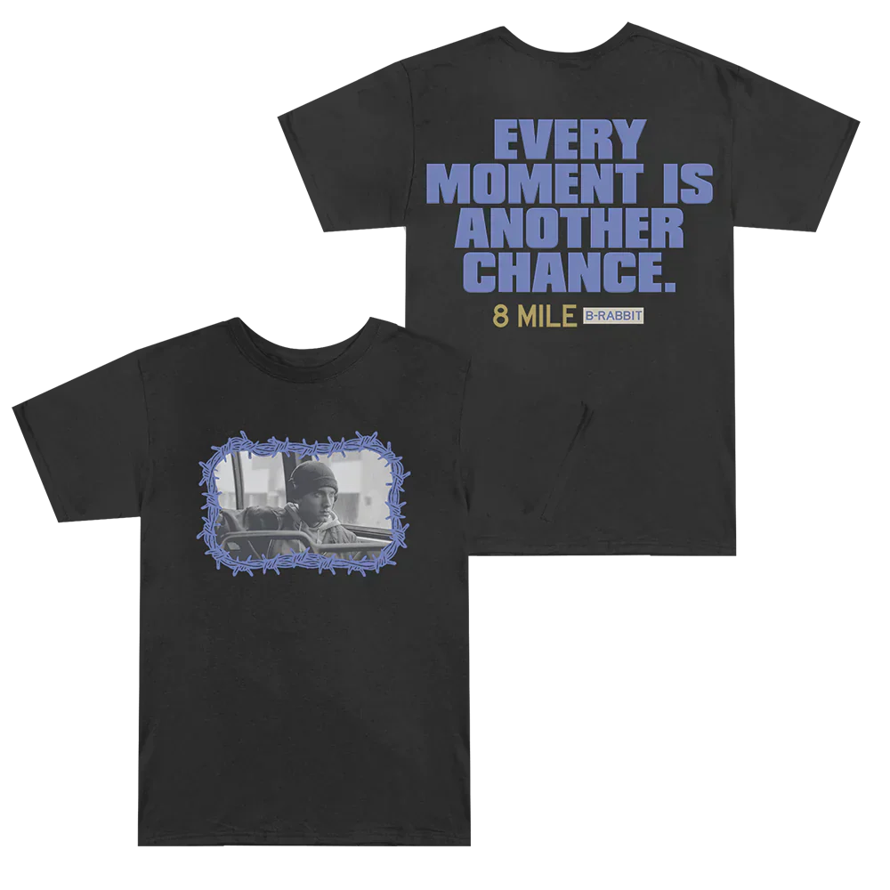 Eminem 8 Mile Barbed Wire T-shirt front and back flat lay, black tee with blue photo and text prints