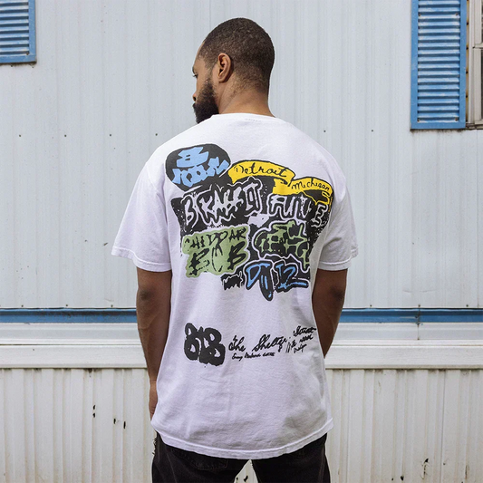 Back of white Eminem 8 Mile Graffiti T-shirt on a model, multicolour graffiti tag print