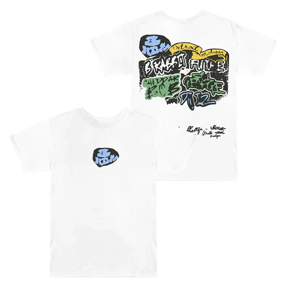 White Eminem 8 Mile Graffiti T-shirt front and back flat lay with colour graffiti back print