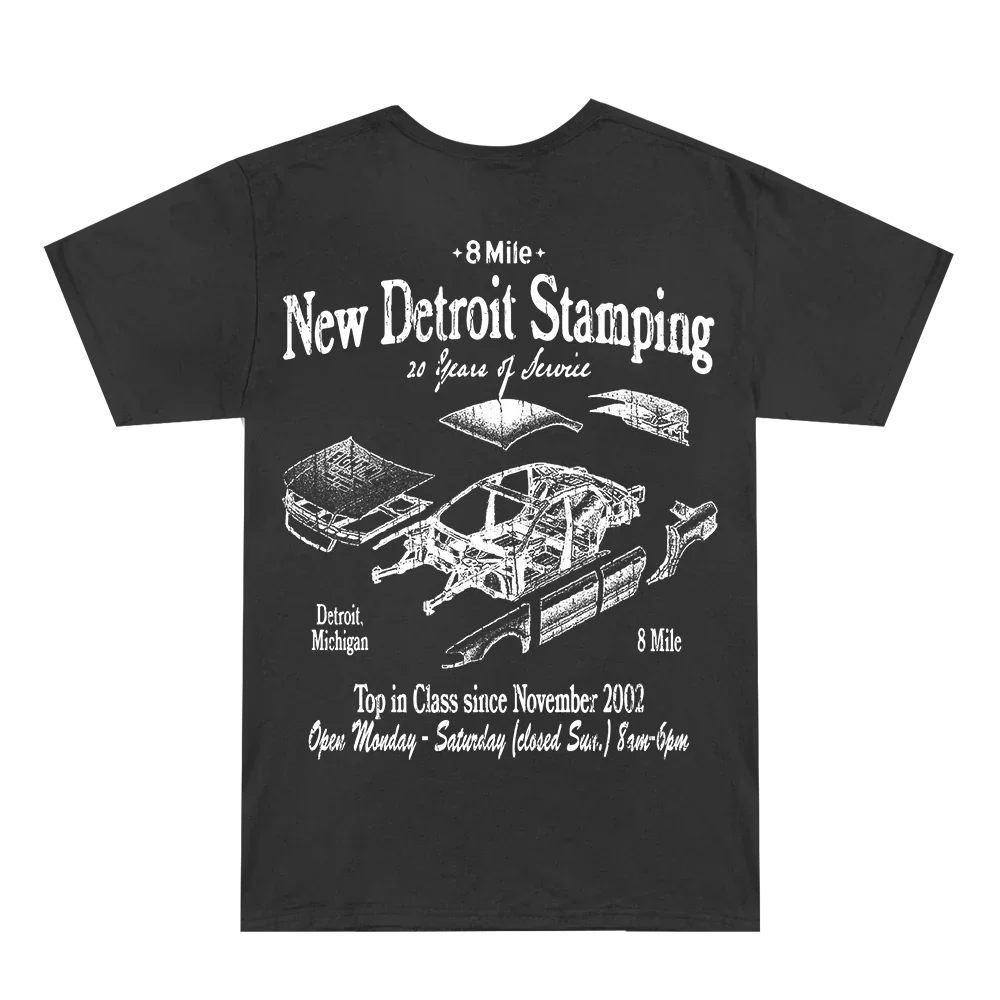 Back print of the Eminem 8 Mile New Detroit Stamping T-shirt, car frame line art and 25 Years of Service