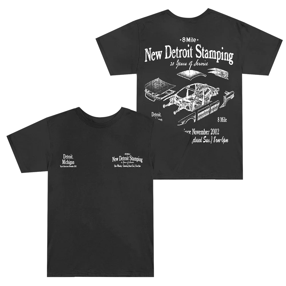 Black Eminem 8 Mile New Detroit Stamping T-shirt front and back flat lay with white line-art print