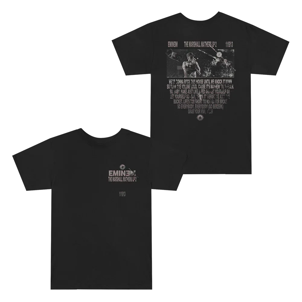 Black Eminem Berzerk lyric T-shirt front and back flat lay with MMLP2 photo and lyric prints