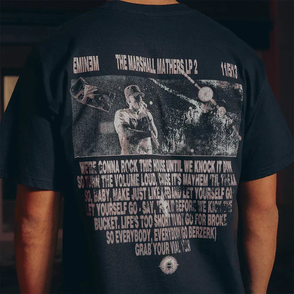 Back print of the Eminem Berzerk T-shirt with Marshall Mathers LP 2 lyrics and 11.5.13 release date
