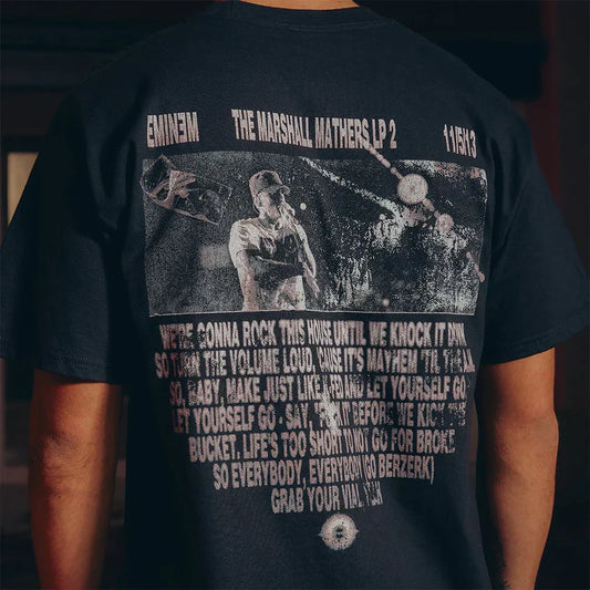 Back print of the Eminem Berzerk T-shirt with Marshall Mathers LP 2 lyrics and 11.5.13 release date