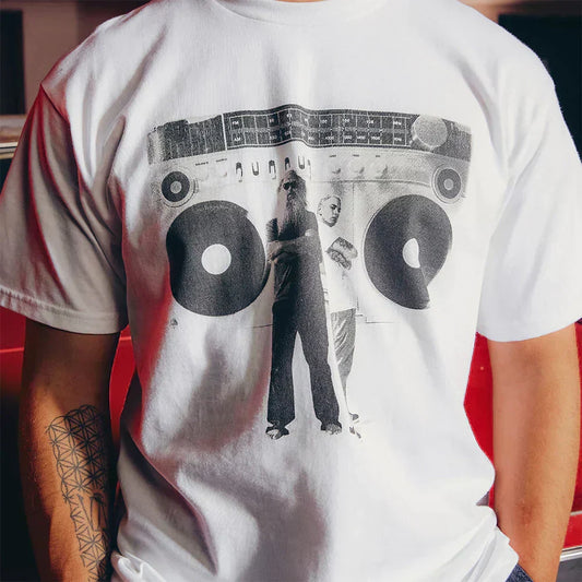 Close-up of the white Eminem Berzerk T-shirt print, boombox and figure in black and white