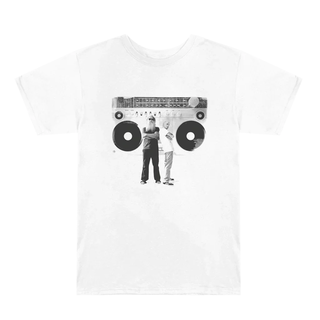 White Eminem Berzerk T-shirt laid flat with the Marshall Mathers LP 2 boombox photo print
