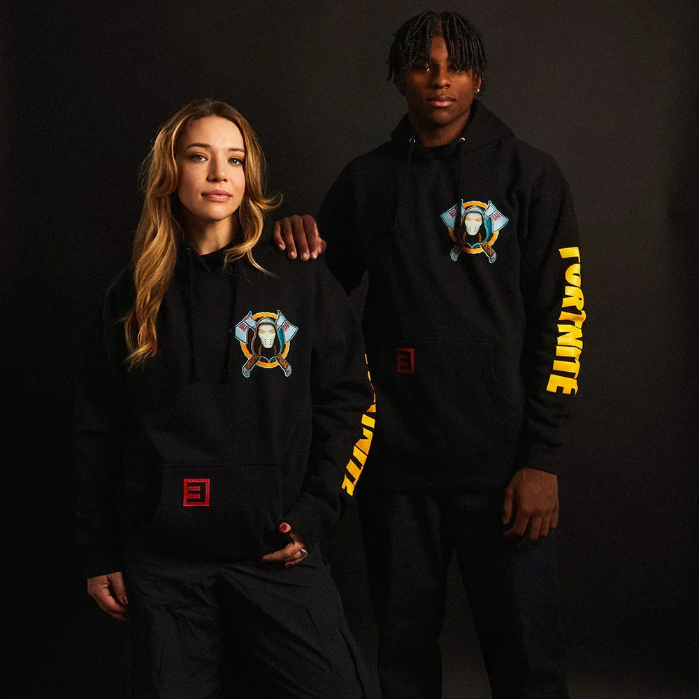 Two models in black Eminem x Fortnite hoodies with yellow Fortnite sleeve prints