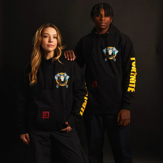 Two models in black Eminem x Fortnite hoodies with yellow Fortnite sleeve prints