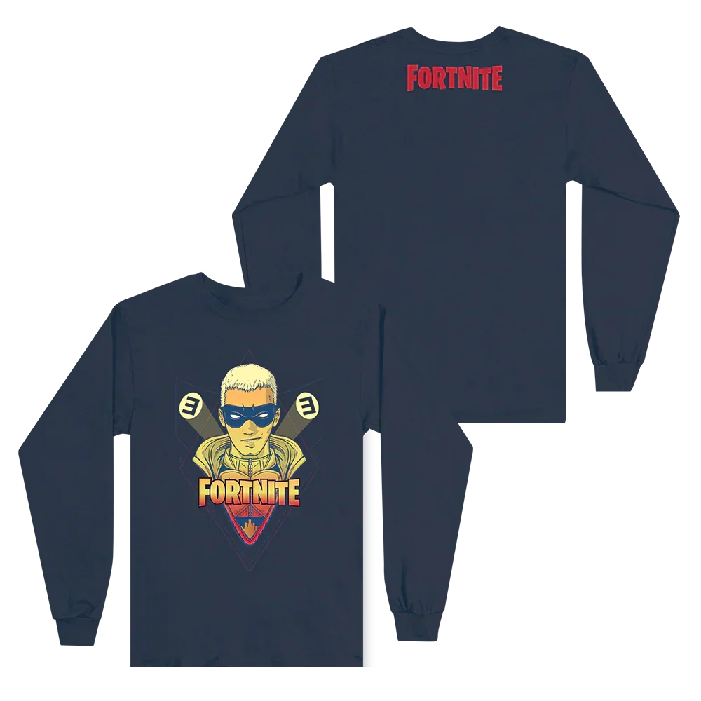 Navy Eminem x Fortnite long sleeve front and back flat lay with character and Fortnite prints