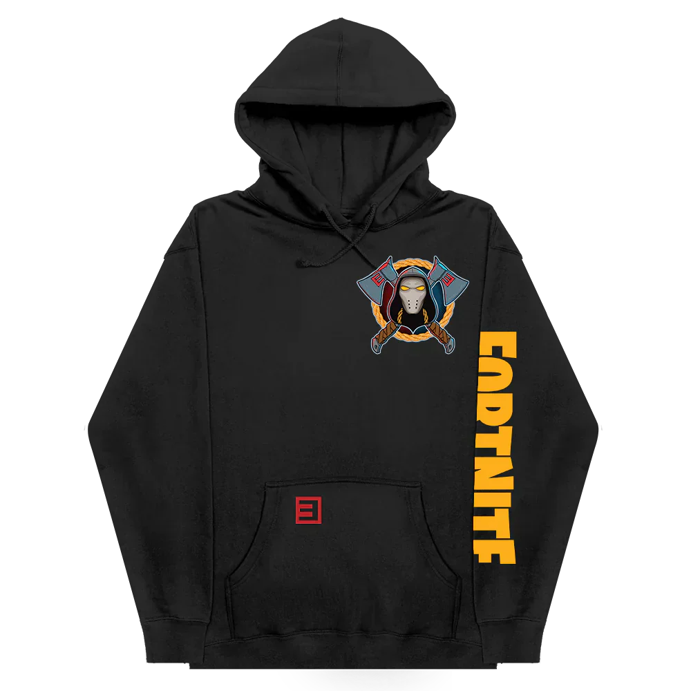 Front of the black Eminem x Fortnite hoodie with crest emblem and Fortnite sleeve print