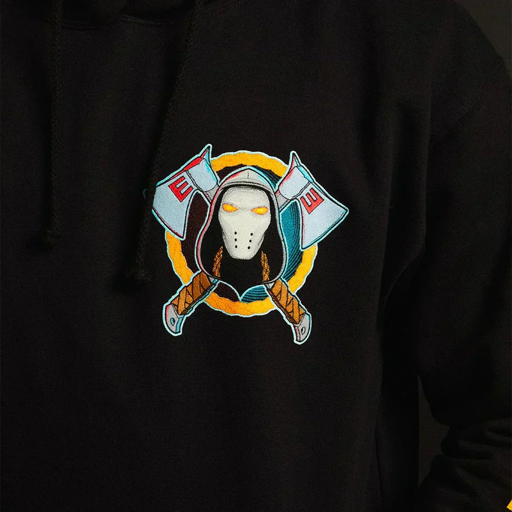 Chest crest detail on the Eminem x Fortnite hoodie, hockey mask and crossed axes emblem