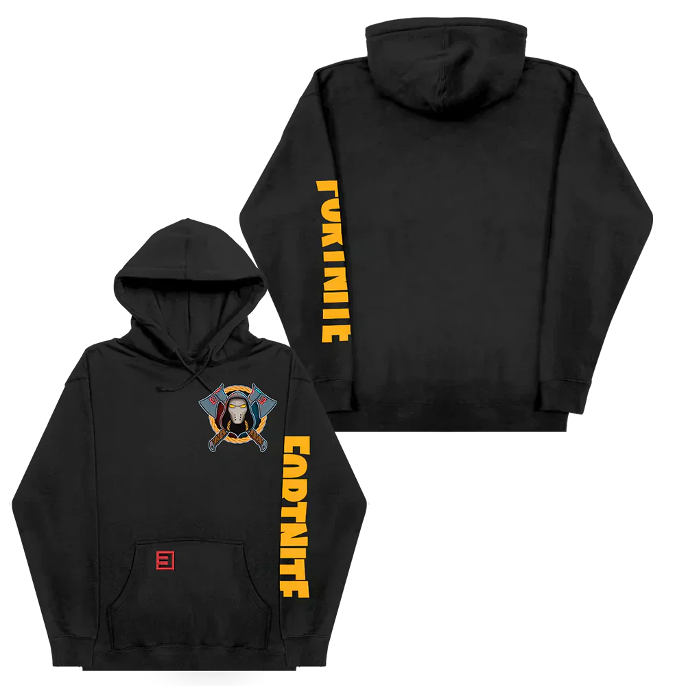 Eminem x Fortnite hoodie front and back flat lay in black with yellow sleeve lettering