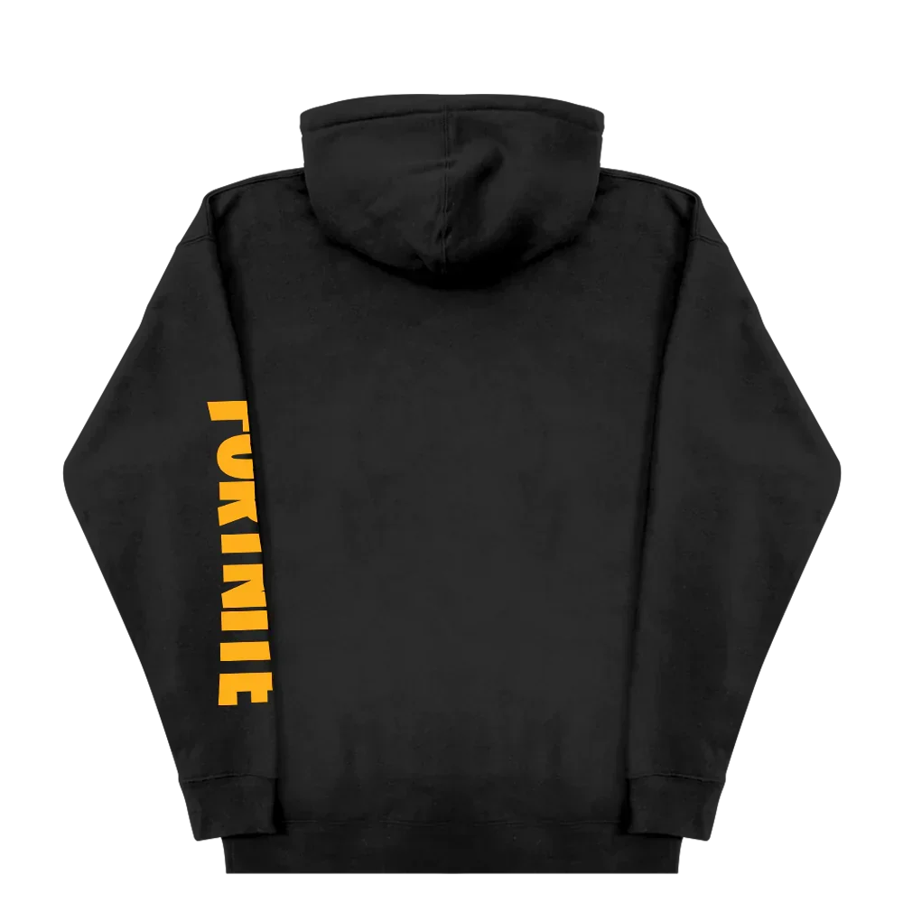 Back of the black Eminem x Fortnite hoodie with the yellow vertical Fortnite sleeve print