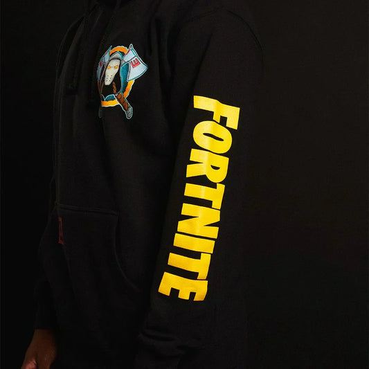 Yellow Fortnite sleeve print detail on the black Eminem x Fortnite hoodie