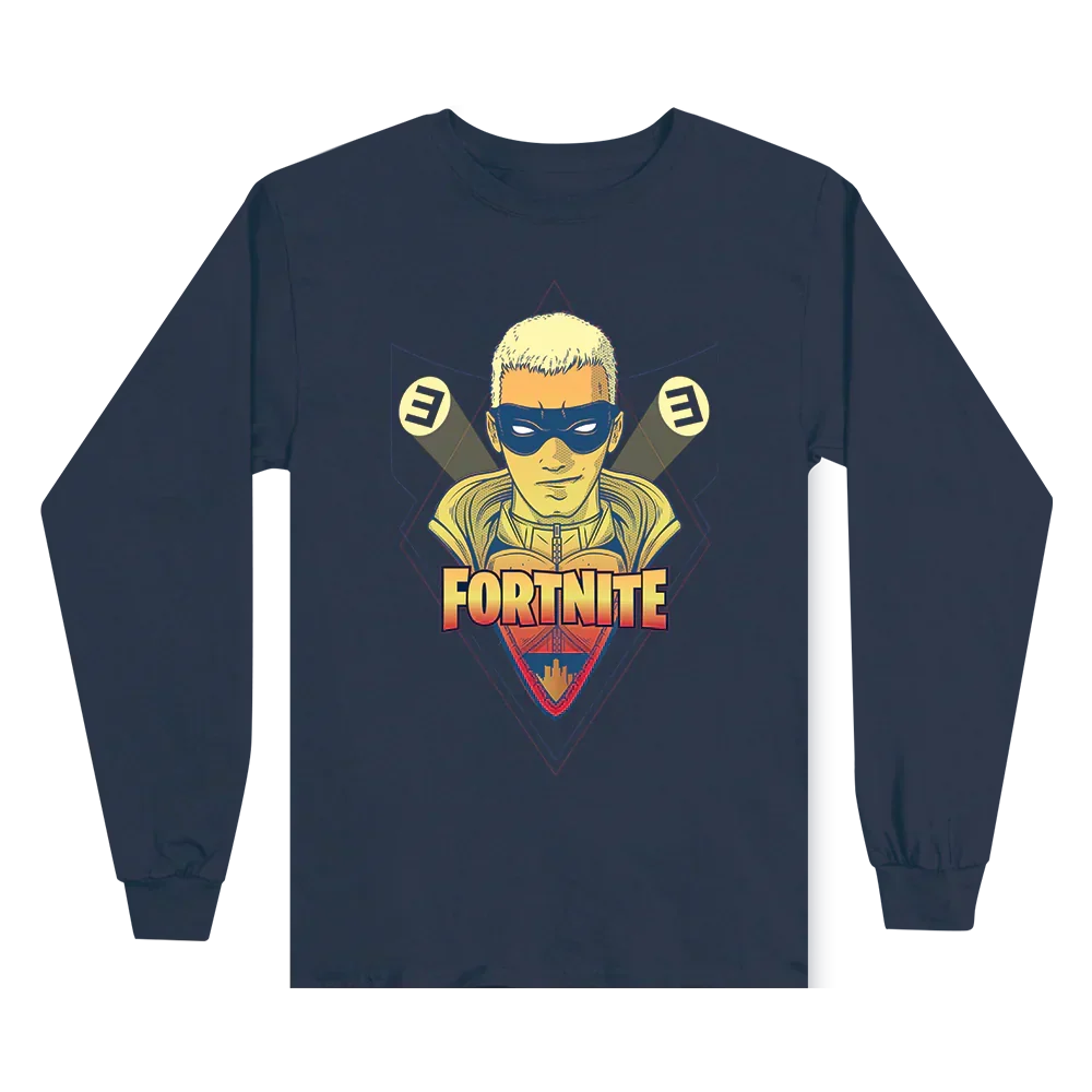 Navy Eminem x Fortnite long sleeve shirt flat lay with the cartoon character chest graphic