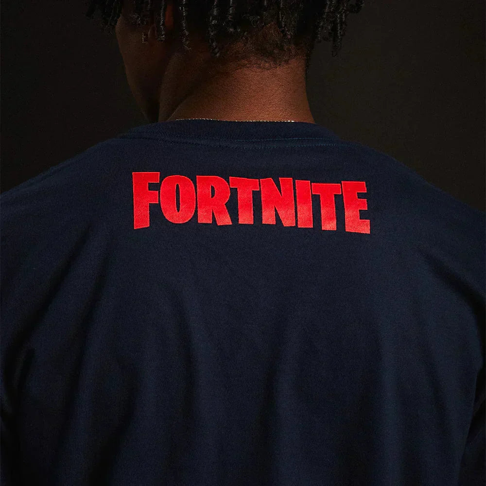 Red Fortnite back print on the navy Eminem x Fortnite long sleeve shirt