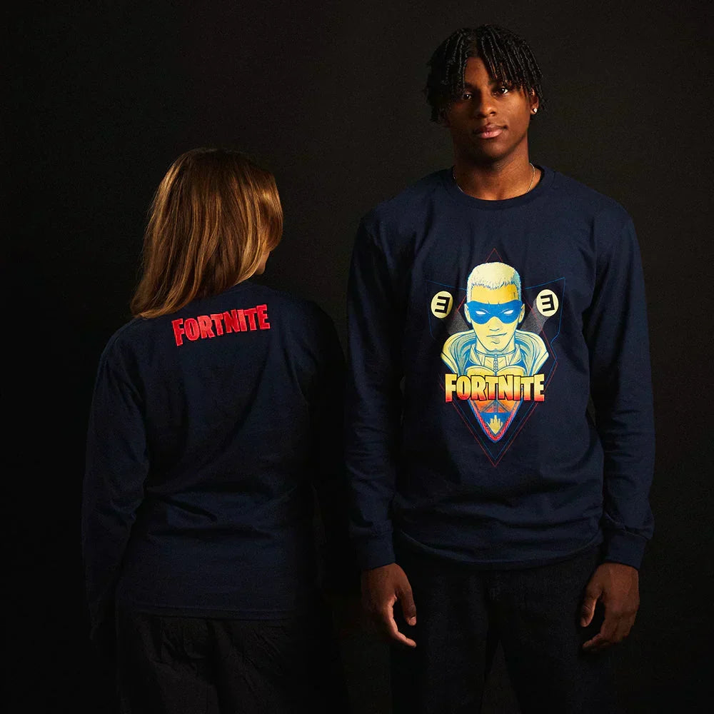 Two models in navy Eminem x Fortnite long sleeve shirts, front character and back logo prints