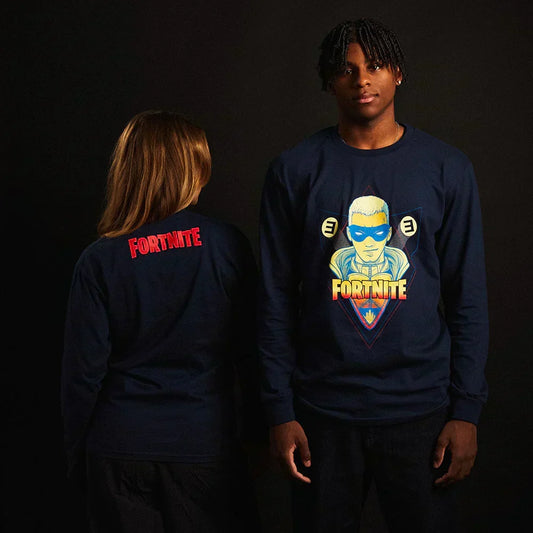 Two models in navy Eminem x Fortnite long sleeve shirts, front character and back logo prints