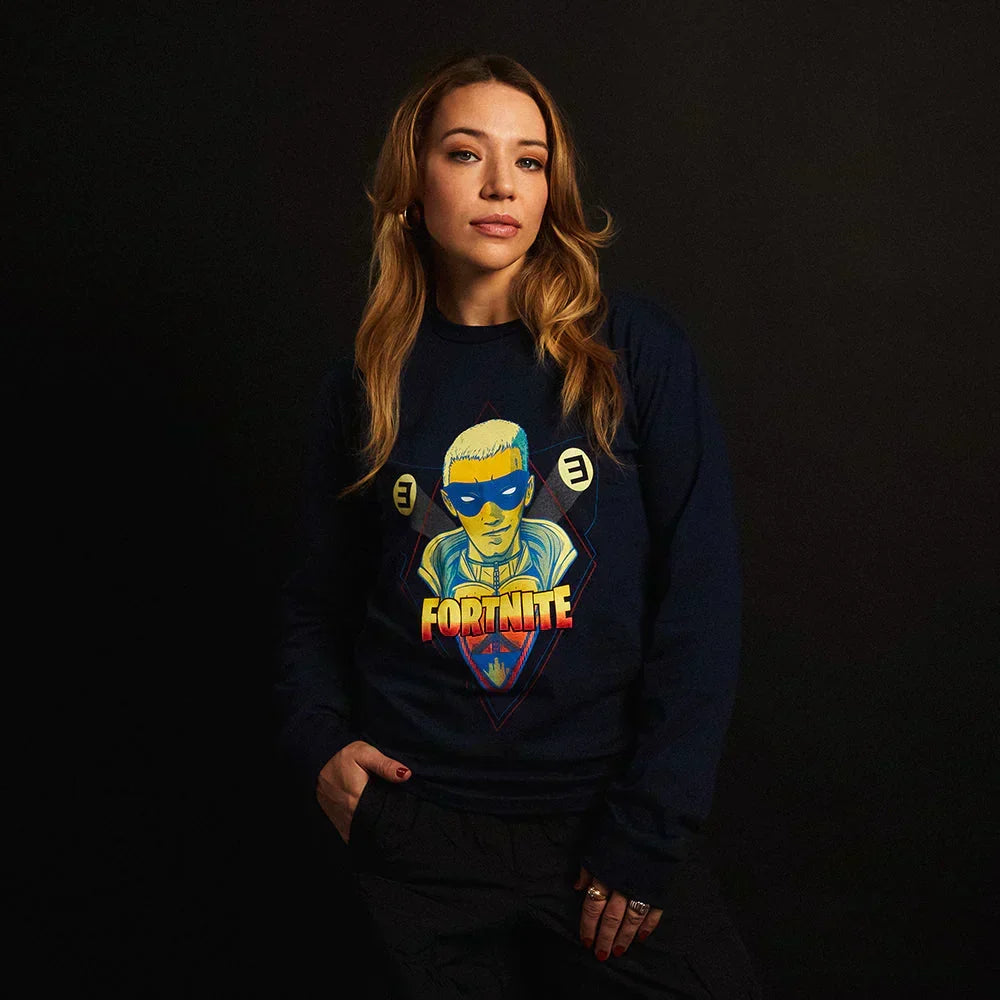 Woman wearing the navy Eminem x Fortnite long sleeve shirt with cartoon character print