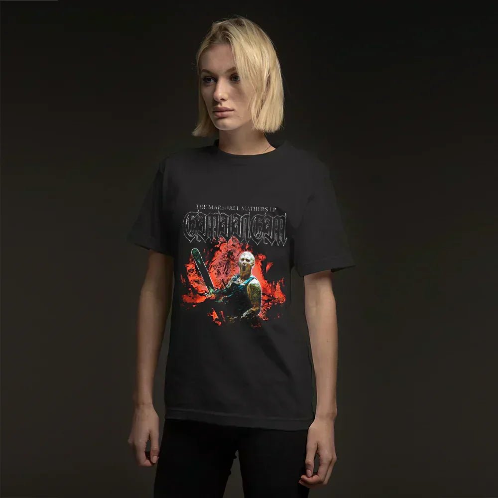 Woman wearing the washed black Eminem Shady Chainsaw T-shirt, MMLP artwork print