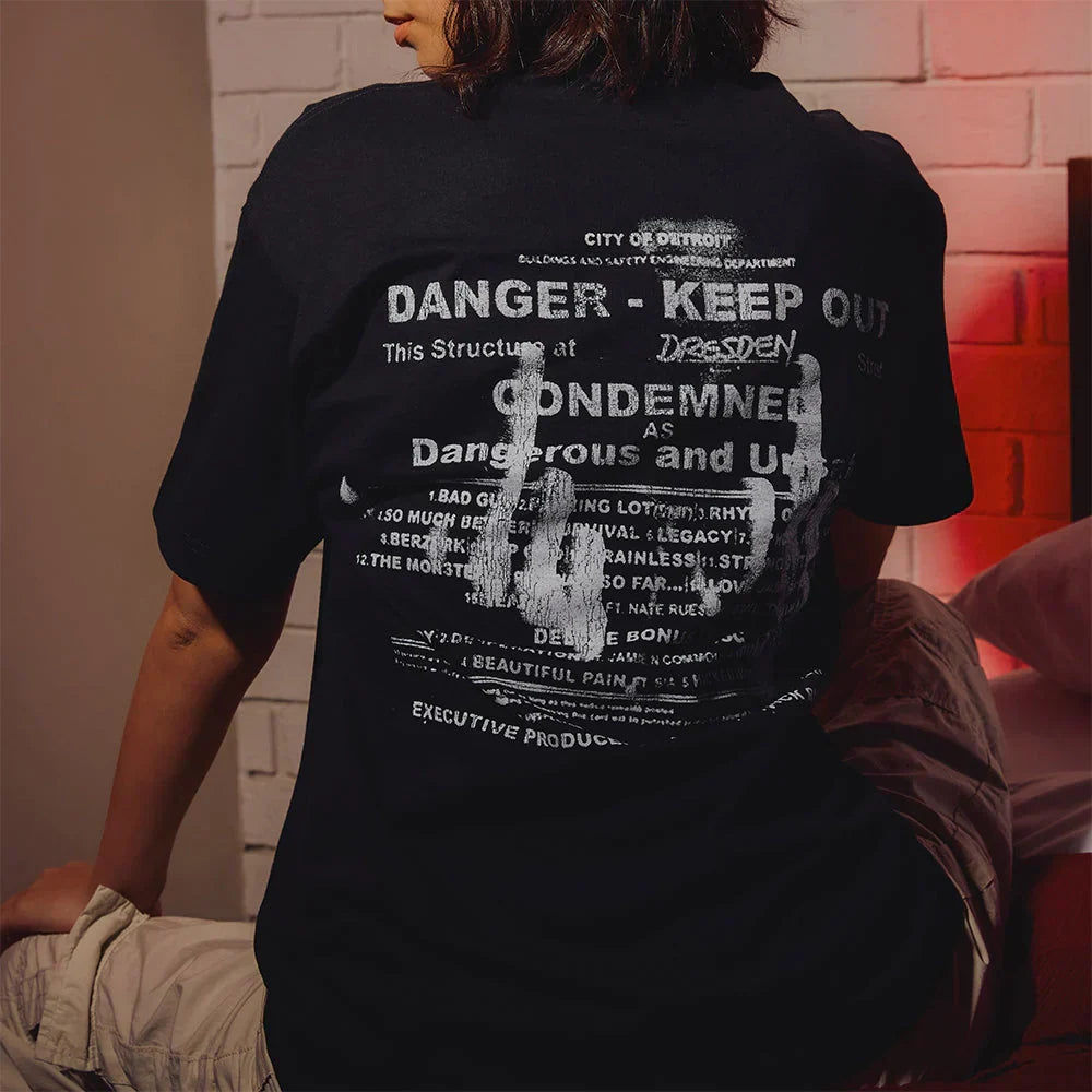 Back of the black Eminem MMLP2 Condemned T-shirt reading Danger Keep Out Condemned
