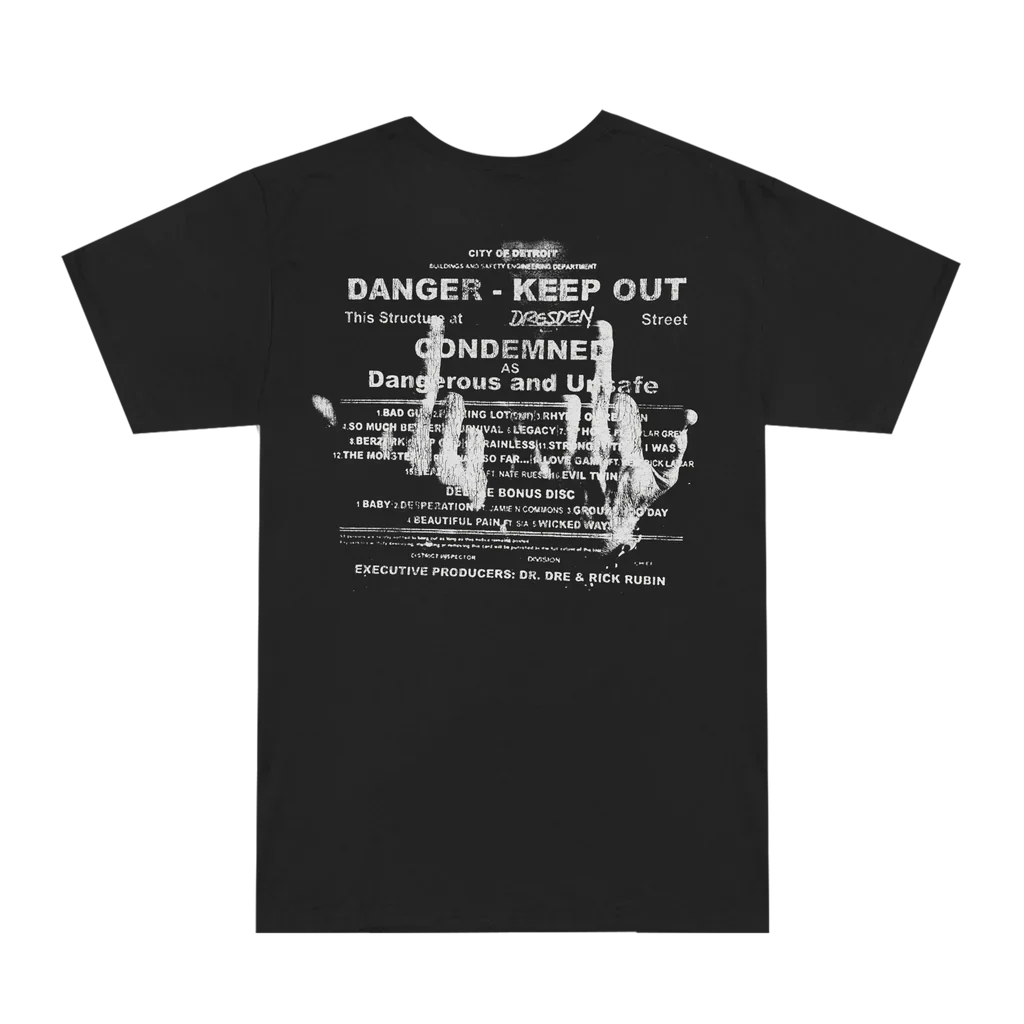 Back of the black Eminem MMLP2 Condemned T-shirt with Danger Keep Out house artwork