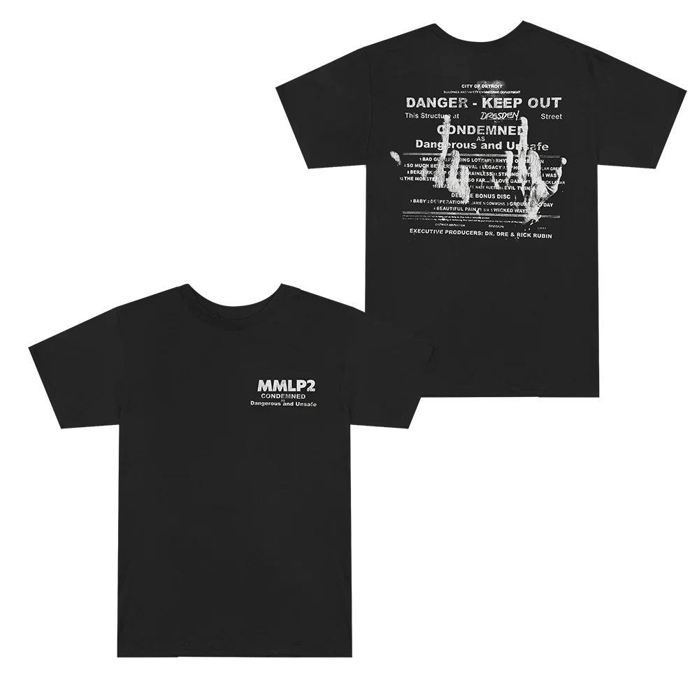 Black Eminem MMLP2 Condemned T-shirt front and back flat lay with white condemned-house print