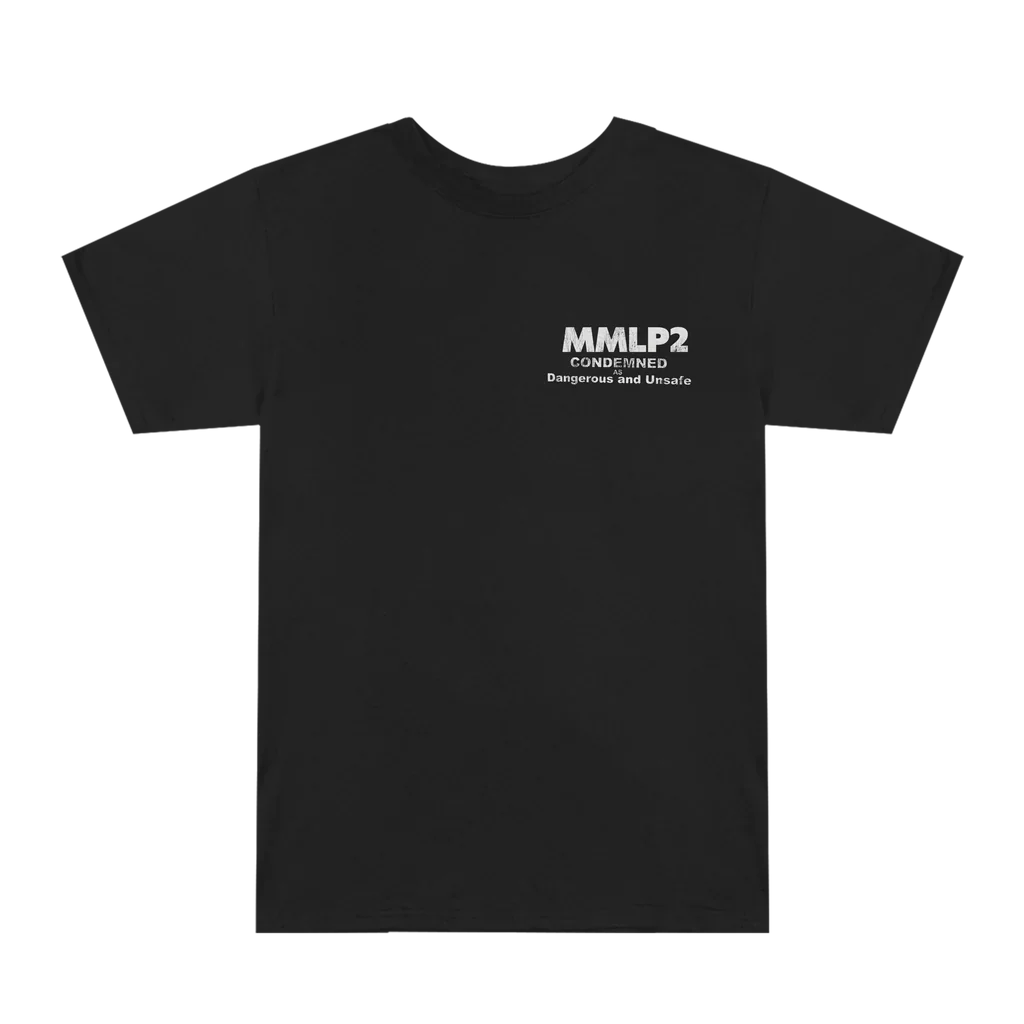 Front of the black Eminem MMLP2 Condemned T-shirt with small white MMLP2 chest print