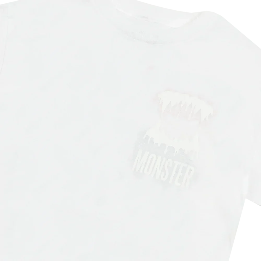 Front of the white Eminem Monster Teeth Grin T-shirt with faded tonal print