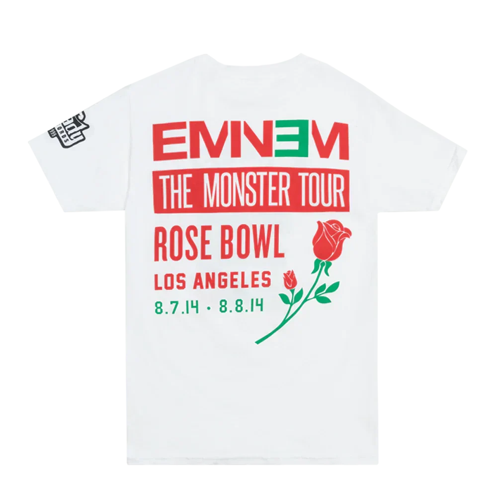 White Eminem Rose Bowl T-shirt front print, The Monster Tour Los Angeles 8.7.14 and 8.8.14