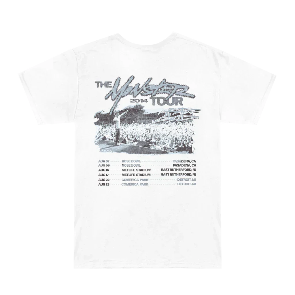 Back view of the white Eminem Monster Tour T-shirt showing the full tour routing list