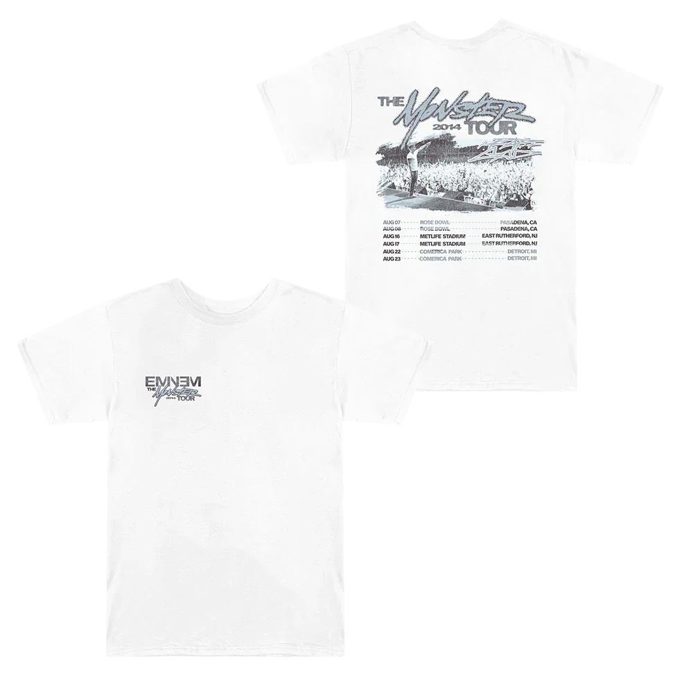 White Eminem Monster Tour T-shirt front and back flat lay with tour date back print